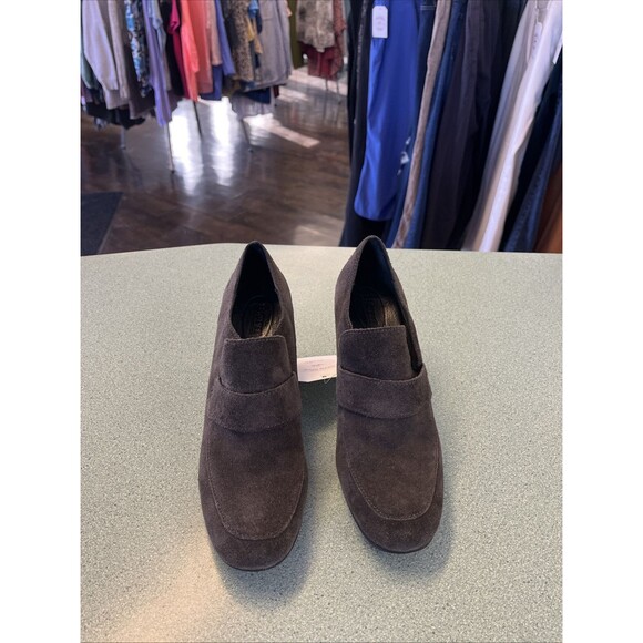 Born Booties Women's 7.5 Shoes Slip On Loafers 3" Heels Gray Suede Leather Block - Picture 1 of 8